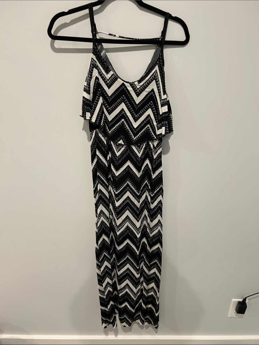 Black & White Chevron Maxi Dress with Ruffle Overlay